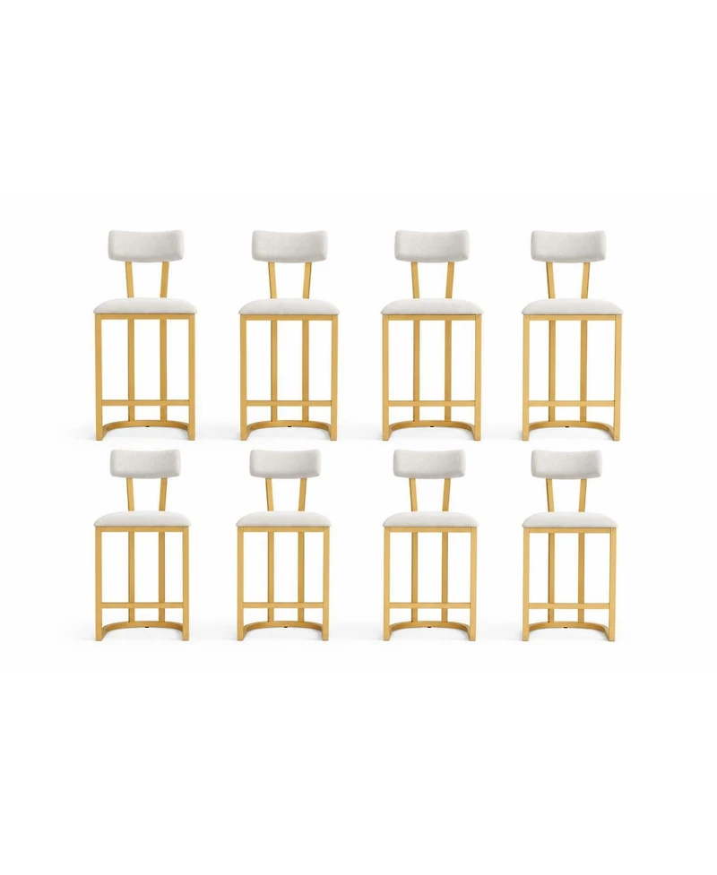 homfan Set of 8 Gold Bar Stools Counter Height Upholstered Curved Back Metal Frame Stools for Kitchen or Dining Room