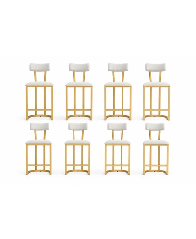 homfan Set of 8 Gold Bar Stools Counter Height Upholstered Curved Back Metal Frame Stools for Kitchen or Dining Room