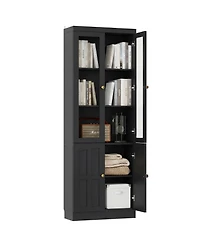 Aheaplus Storage Cabinet with Glass Doors, Wooden Bookcase with Shelves
