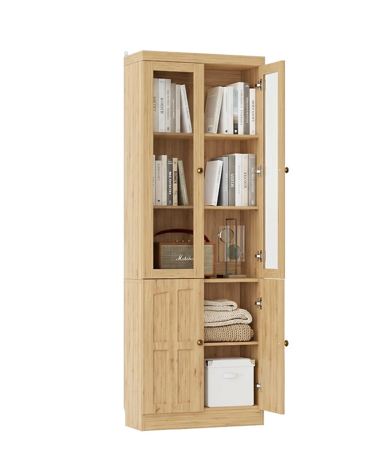 Aheaplus Storage Cabinet with Glass Doors, Wooden Bookcase Shelves