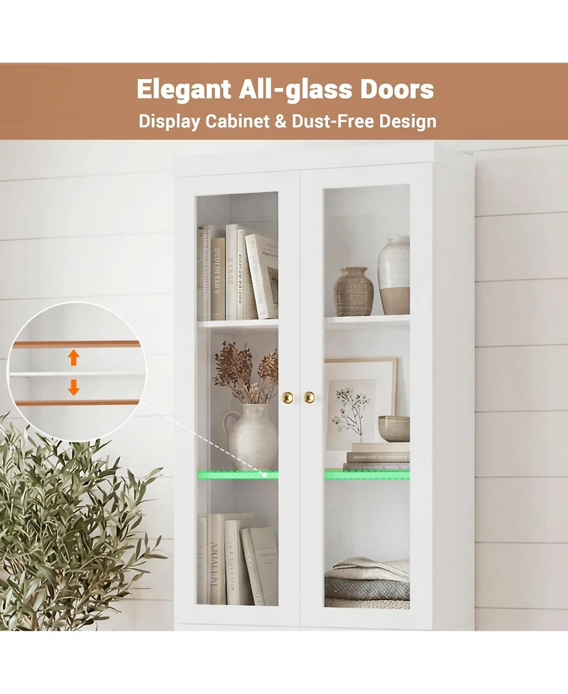 Aheaplus Storage Cabinet with Glass Doors, Wooden Bookcase with Shelves