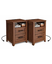 gaomon Set of 2 Farmhouse Nightstand 2 Drawers and Open Compartment, Charging Station, End Table for Bedroom or Living Room