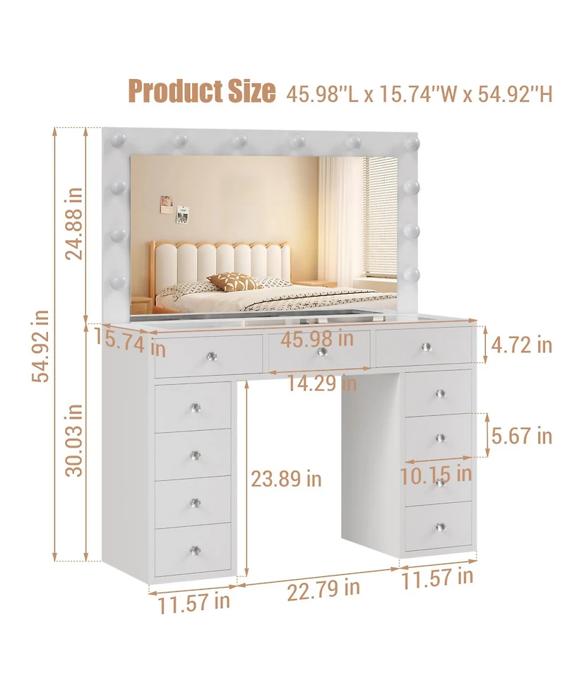 gaomon Makeup Vanity Desk with Mirror, 45"W Dressing Table with 11 Drawers and Glass Tabletop, Brightness Adjustable Makeup Vanity Table for Bedroom