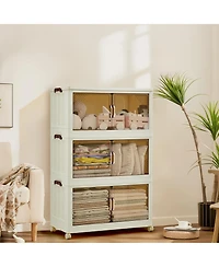 gaomon 243QT Stackable Storage Bins, Foldable Storage Cabinet with Magnetic Doors and Wheels, Translucent Plastic Organizer for Living Room