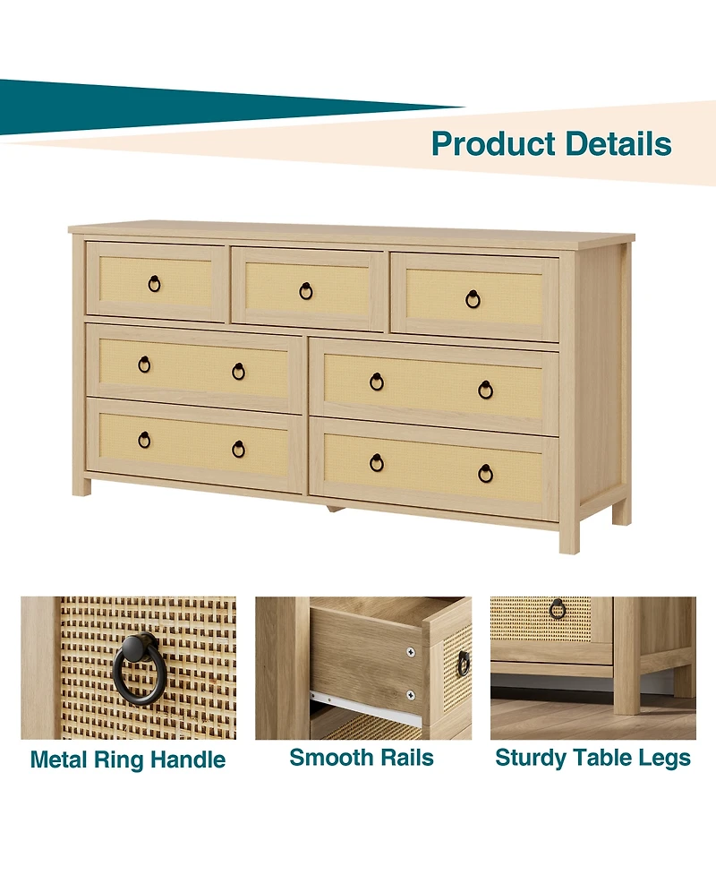 Homfan Drawer Tall Dresser, Boho Drawers, Wooden Chest with Clothes Storage Cabinet, Drawer Organizer for Bedroom, Hallway, Living Room, Easy Assembly