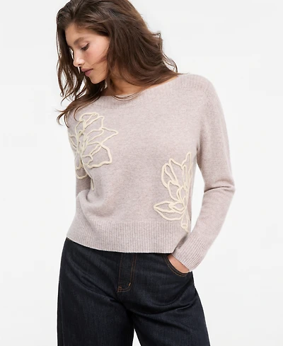 Charter Club Women's 100% Cashmere Boatneck Embroidered Floral Sweater, Macy's Exclusive