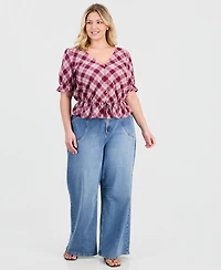 And Now This Trendy Plus V-Neck Button-Front Cotton Peplum Top, Macy's Exclusive