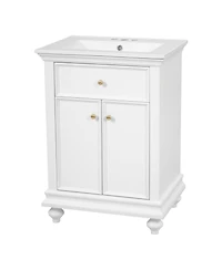 Busdays 24 Inch Modern Bathroom Vanity with Tip Out Drawer Soft Close Hinges Back Open Structure Ball Turned Legs French Elegance