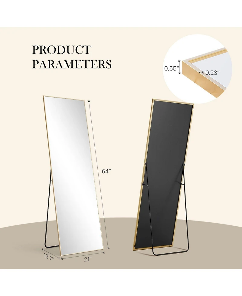 Busdays 21x64 Inch Aluminum Thin Frame Floor Standing Mirror with Stand Wall Mount Option Rectangular