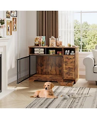 gaomon 48 Inch Large Dog Crate Furniture, Farmhouse Dog Kennel with Dog Bowl, 3 Open Drawers, Heavy Duty Dog Crate Table for Large Medium Dogs