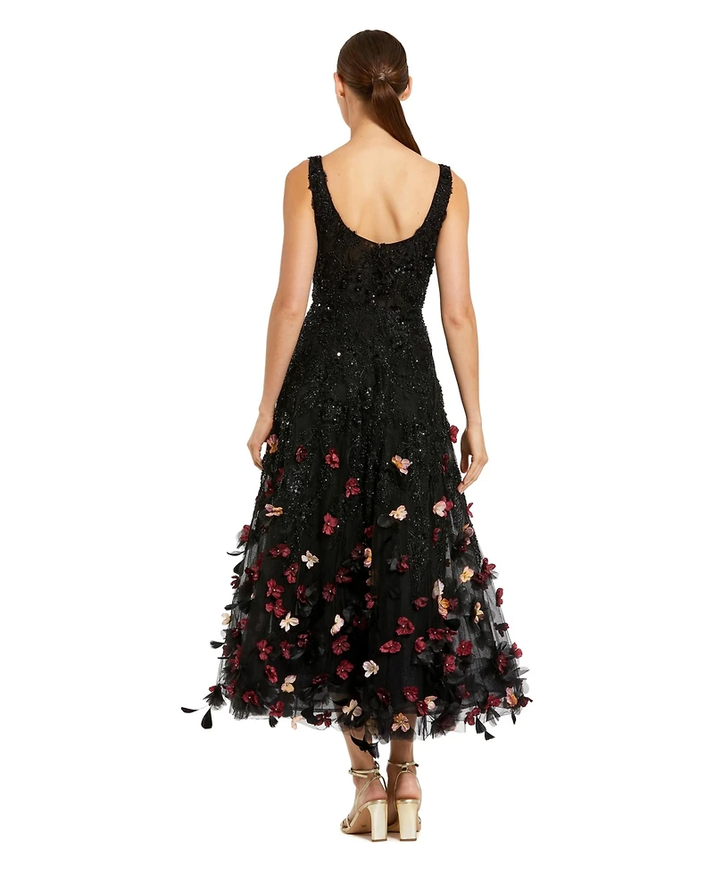 Mac Duggal Petite Black Sleeveless Beaded Midi Dress With 3D Flowers