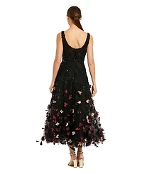 Mac Duggal Petite Black Sleeveless Beaded Midi Dress With 3D Flowers