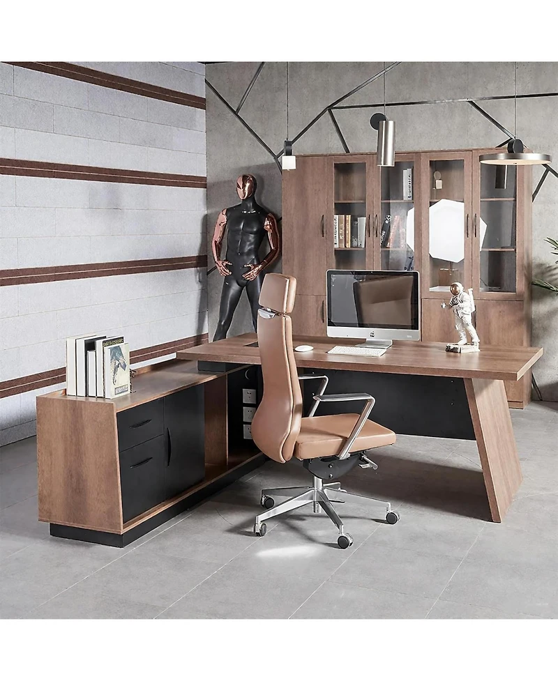 logicfox Adjustable Width 70.8 to 78.74IN L Shape Executive Office Desk with Cabinets