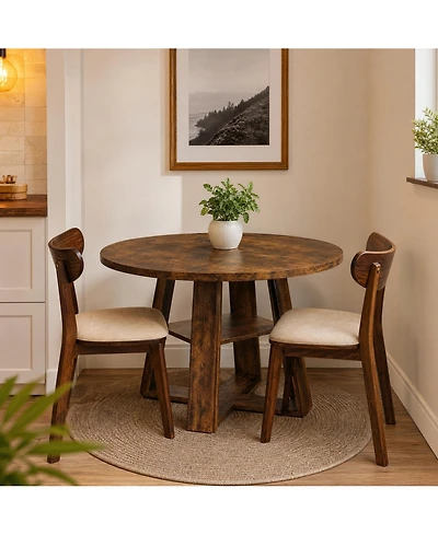 homfan 43.3" Round Dining Table for 2-4, Pedestal Base with Storage Shelf, Space-Saving for Apartment, Vintage Color