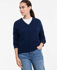 Petite Cashmere V-Neck Relaxed Pullover, Created for Macy's