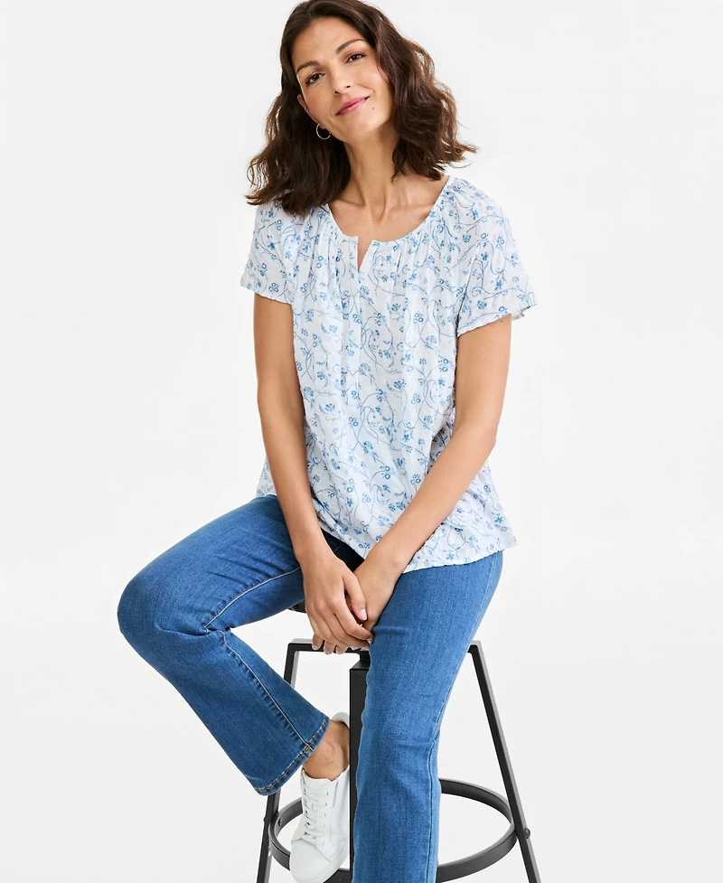 Style & Co Petite Printed Split Neck Top, Macy's Exclusive