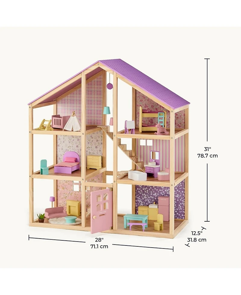 Tiny Land Wooden Dollhouse for Girls - Diy Pretend Play Doll House with 31Pcs Furniture Accessories