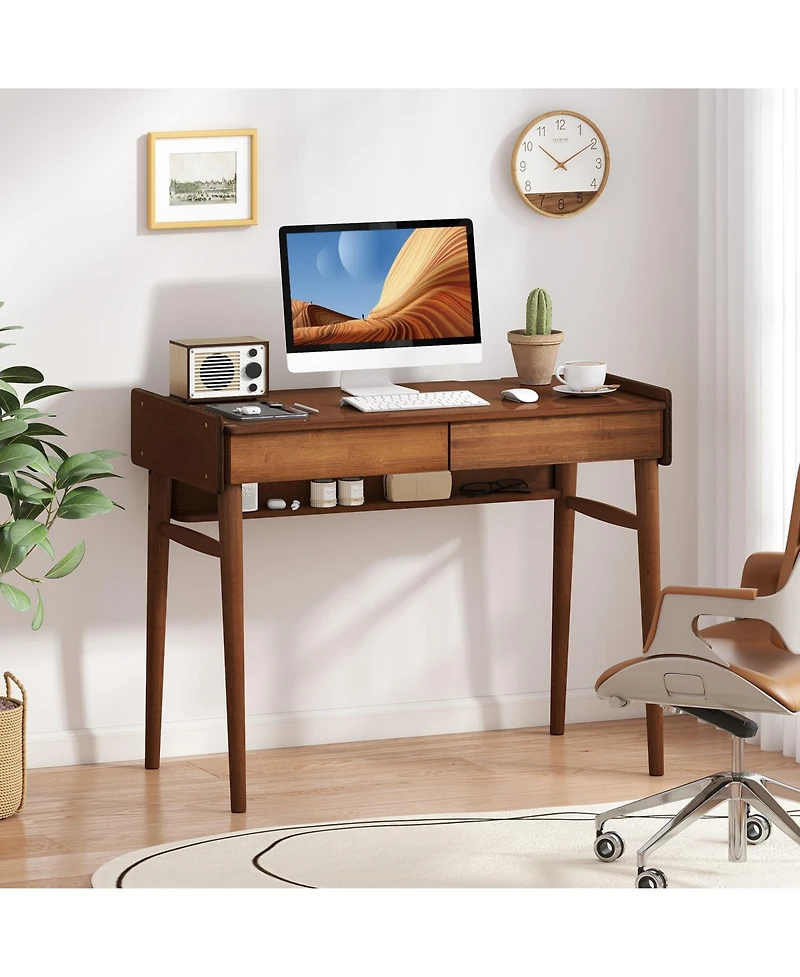 Slickblue Writing Desk with Wicker Drawers and Open Shelf Storage