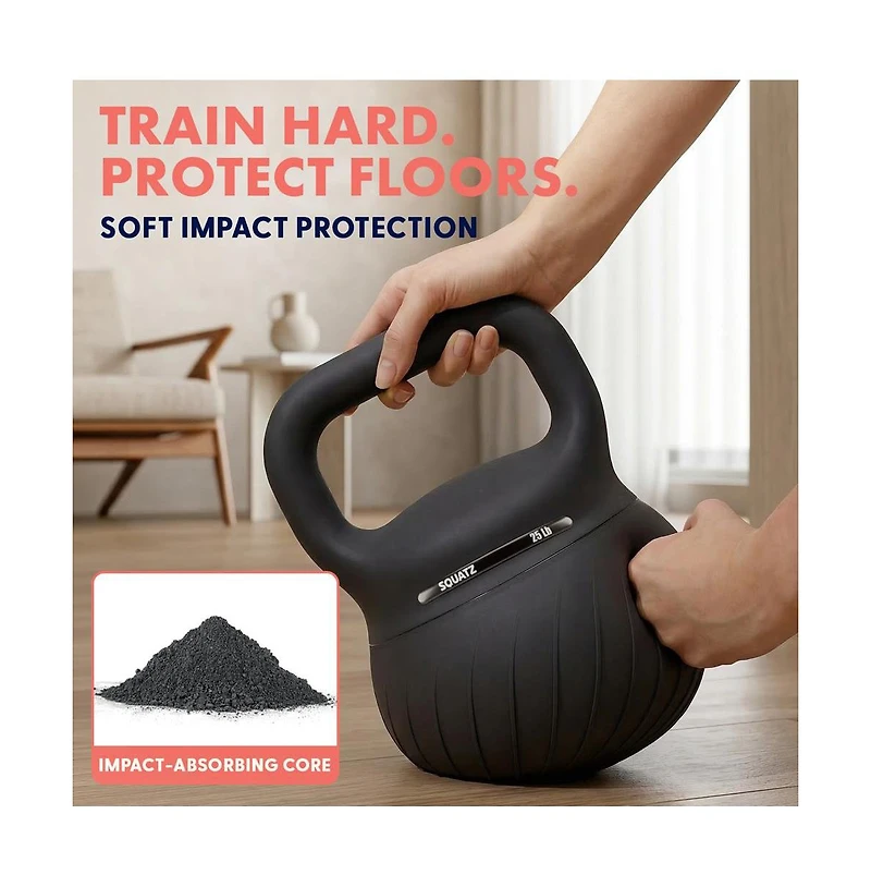 Squatz 25 lb Soft Kettlebell for Home Gym, Shock-Absorbing Floor-Safe Weight with Wide Non-Slip Handle