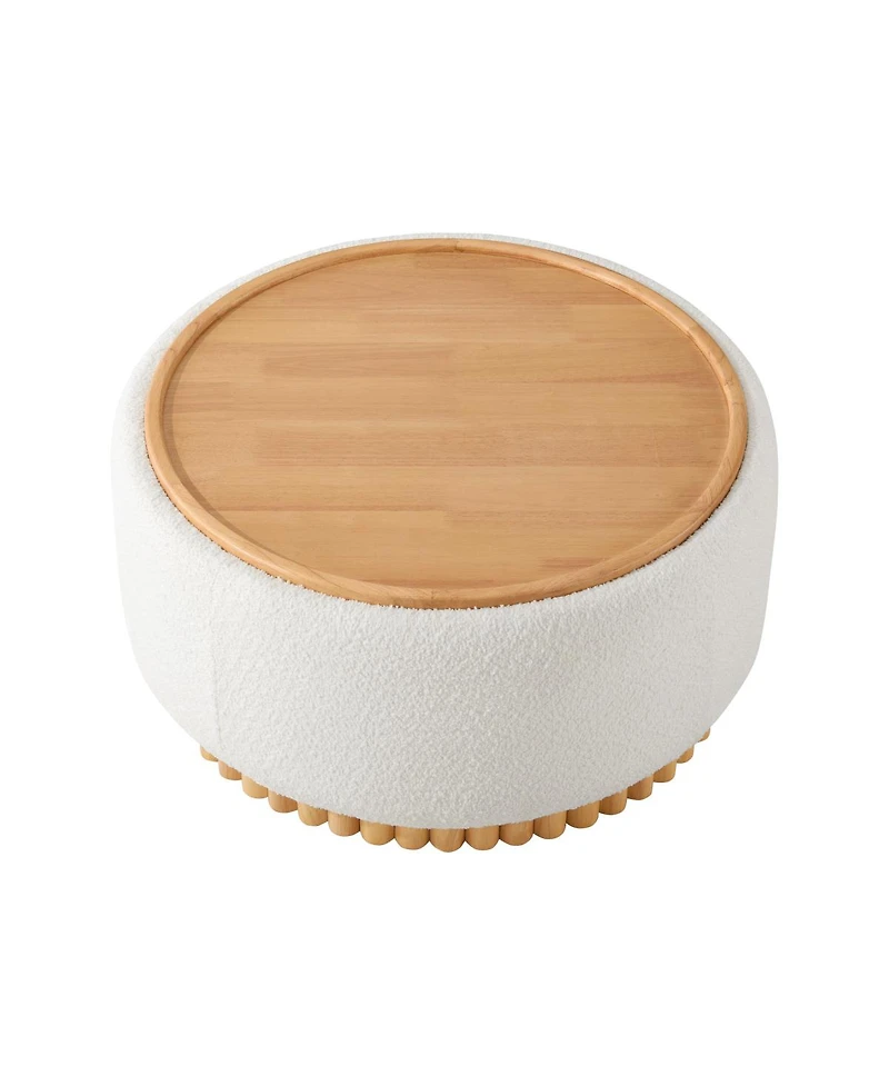 Streamdale Furniture 29" Round Boucle Storage Ottoman with Reversible Lid and Wood Legs