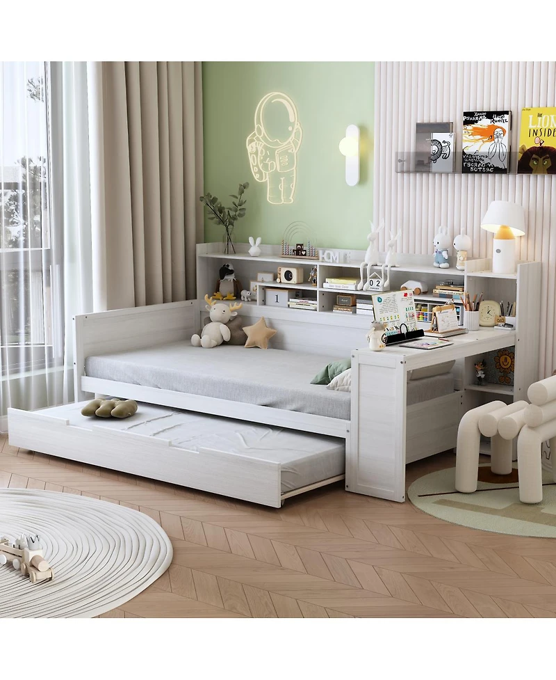 Streamdale Furniture Wooden Twin Daybed with Trundle, Storage Shelves, and Study Desk