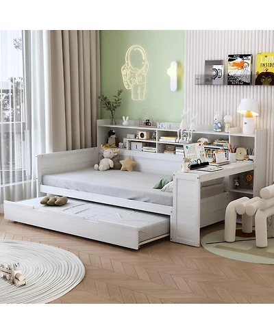 Streamdale Furniture Wooden Twin Daybed with Trundle, Storage Shelves, and Study Desk