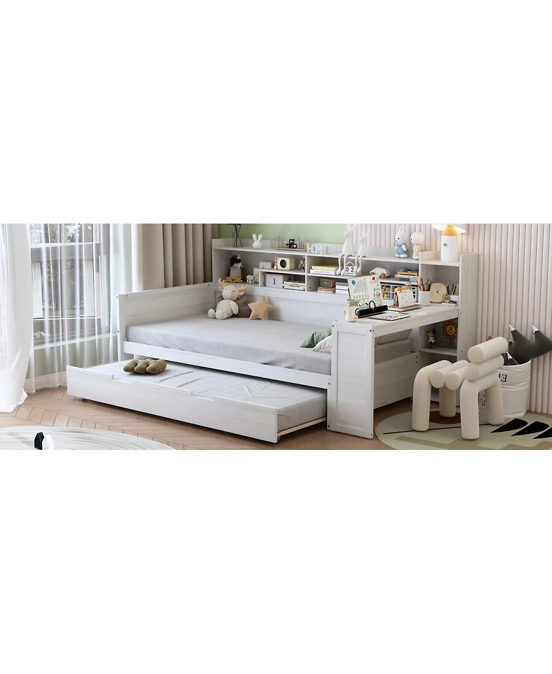 Streamdale Furniture Wooden Twin Daybed with Trundle, Storage Shelves, and Study Desk