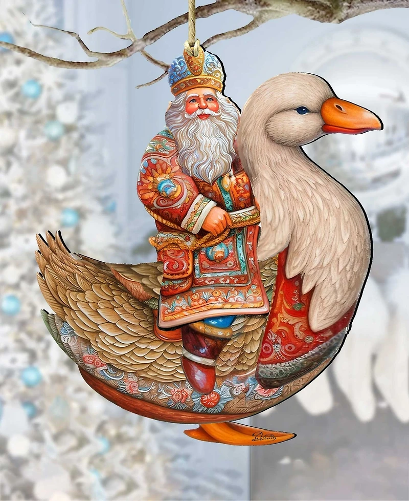 Designocracy Charming Santa on Goose Christmas Wooden Ornaments Holiday Decor G. DeBrekht