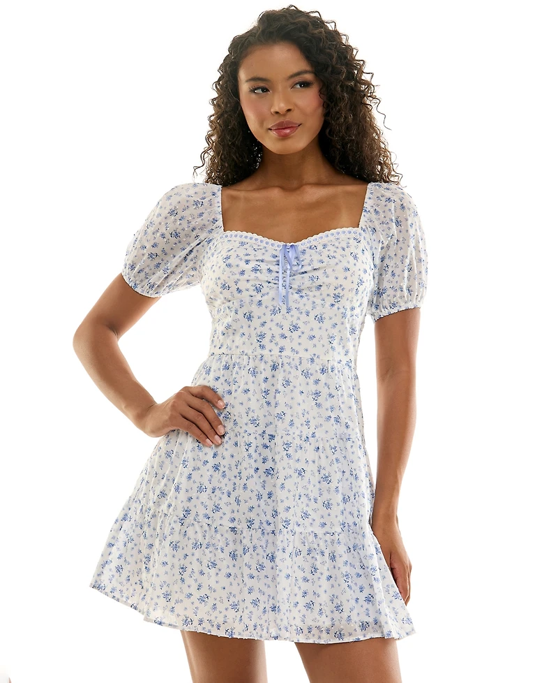 Kingston Grey Juniors' Sweetheart-Neck Puff-Sleeve Mini Dress
