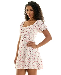 Kingston Grey Juniors' Floral Print Eyelet Puff-Sleeve Mini Dress