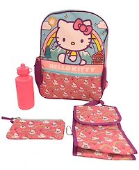 Accessory Innovations Boys' and Girls' Hello Kitty Backpack, Lunch Bag, Water Bottle, Zip Case and Carabiner, 5-Piece Set