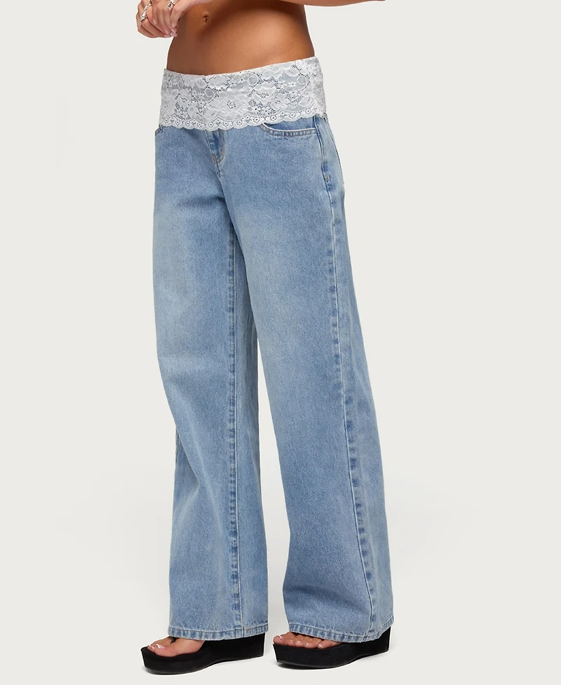 Edikted Women's Lacey Foldover Low Rise Baggy Jeans