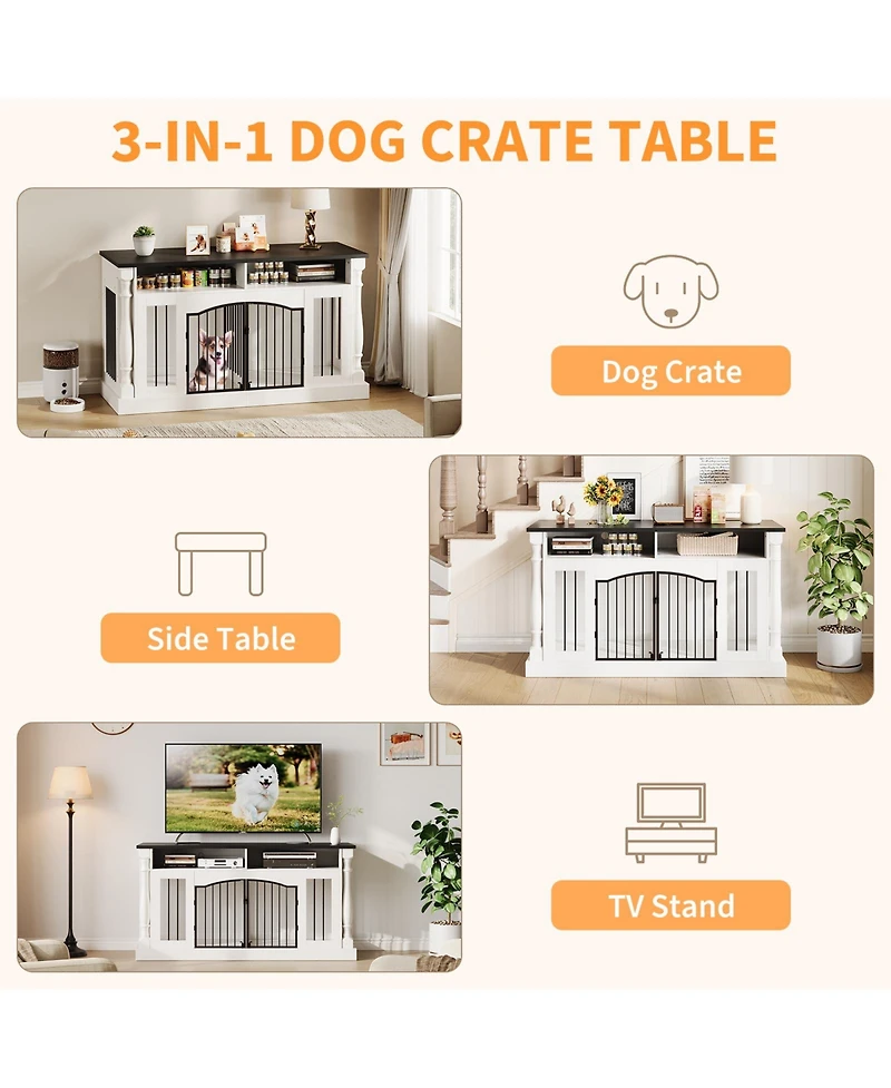 63" Large Dog Crate for 2 Dogs, Roman Column Kennel with Open Storage for Small Medium Dogs, Dog Cage Table Tv Stand, Dog Kennel Entertainment Center