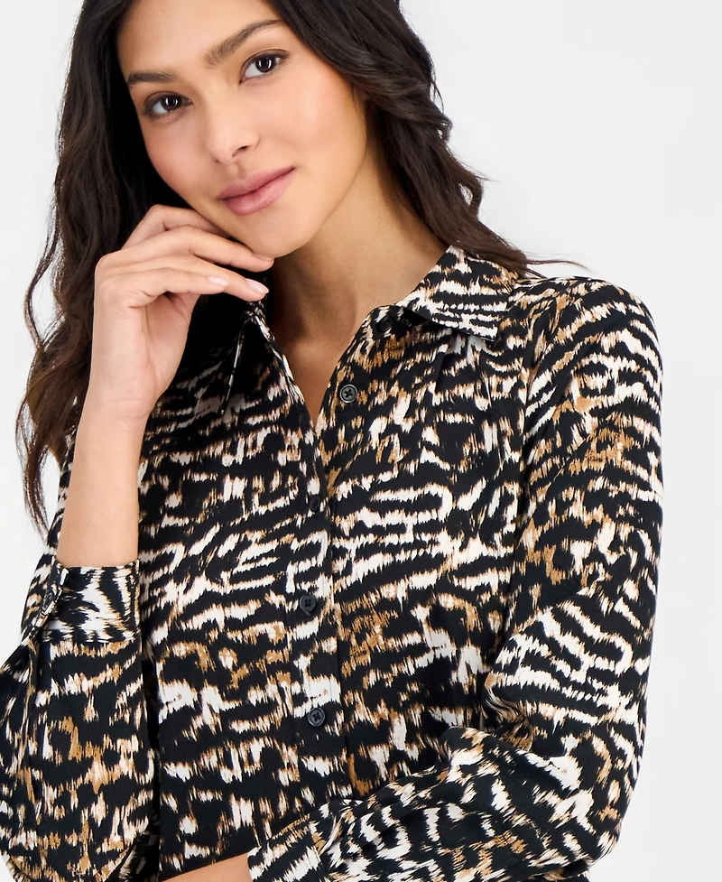 Anne Klein Essentials Petite Printed Button-Front Blouse