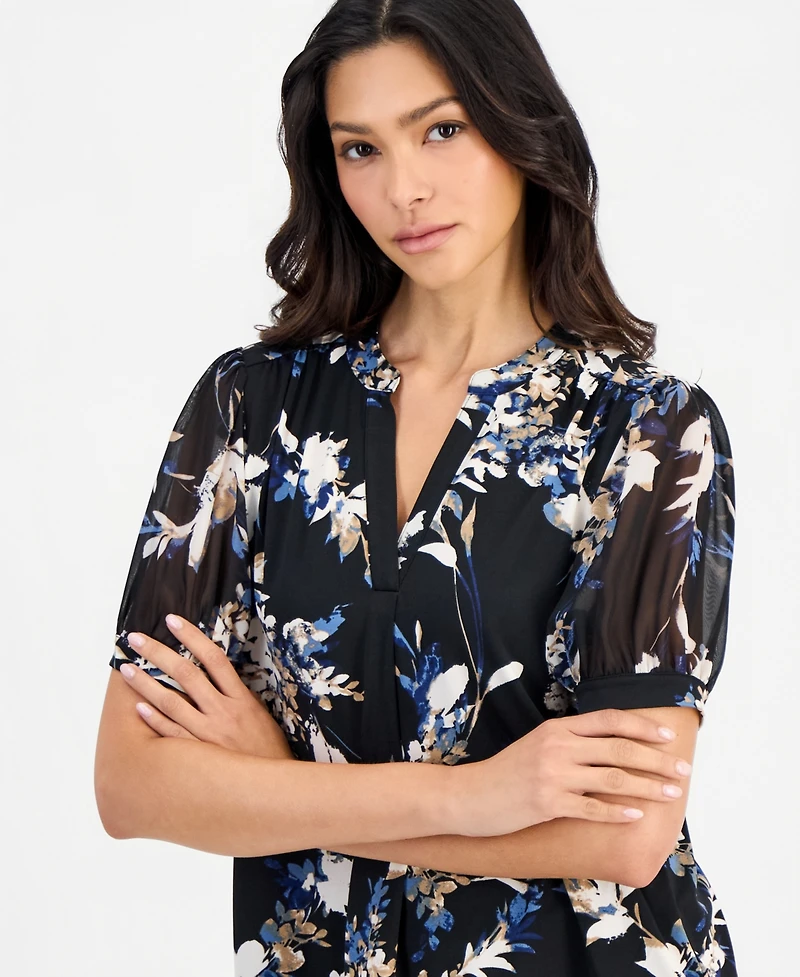 Anne Klein Essentials Petite Floral Split-Neck 3/4-Sleeve Blouse