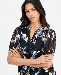 Anne Klein Essentials Petite Floral Split-Neck 3/4-Sleeve Blouse