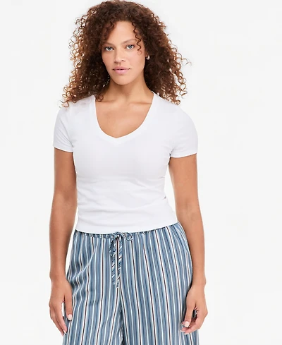 On 34th Women's Cropped V-Neck Meet & Greet T-Shirt, Macy's Exclusive
