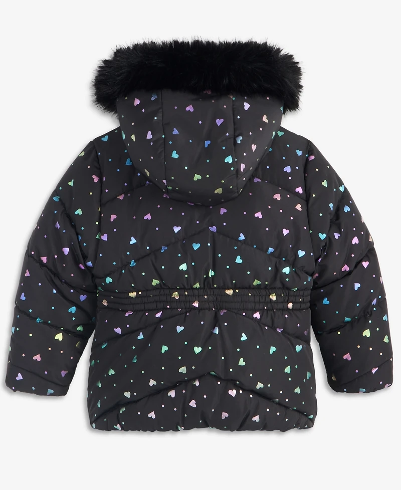 S Rothschild & Co Girls' 2T-6X Foil Quilted Puffer Jacket With Faux-Fur-Trim Hood