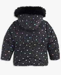 S Rothschild & Co Girls' 2T-6X Foil Quilted Puffer Jacket With Faux-Fur-Trim Hood