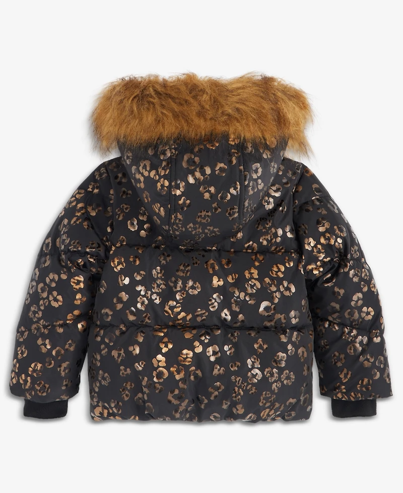 S Rothschild & Co Toddler Girls' 2T-6X Leopard Foil Puffer Coat With Faux-Fur Trim