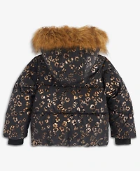 S Rothschild & Co Toddler Girls' 2T-6X Leopard Foil Puffer Coat With Faux-Fur Trim