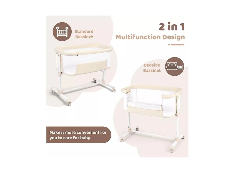Kinder King Baby Bassinet Bedside Sleeper with Wheels, Adjustable Height and Mesh Sides