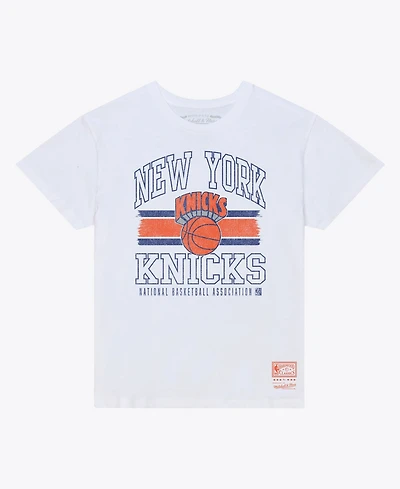 Mitchell & Ness Women's White New York Knicks Striped Logo Boxy T-Shirt