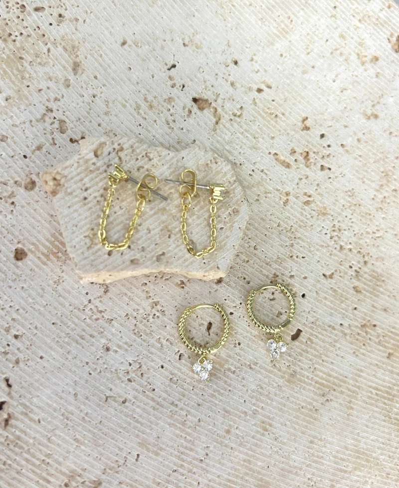 Adornia Gold Cubic Zirconia Huggie Hoop and Chain Wrap Earrings 2-Piece Set