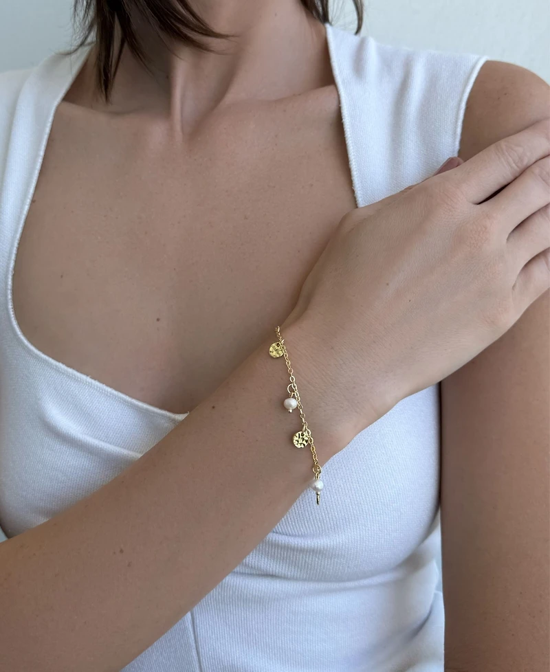 Adornia Gold Natural Freshwater Imitation Pearl and Coin Charm Bracelet