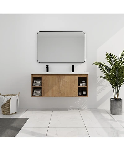 Sillysis 47.6 Inch Wall Mounted Double Sink Bathroom Vanity with Open Storage and Soft Close Doors, Modern Plywood Cabinet