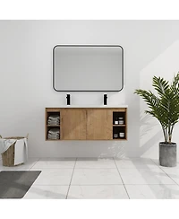 Sillysis 47.6 Inch Wall Mounted Double Sink Bathroom Vanity with Open Storage and Soft Close Doors, Modern Plywood Cabinet