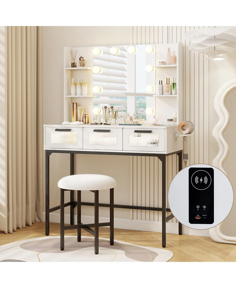 Volenca Hollywood-Style Lighted Vanity Desk with Usb-c, Stool