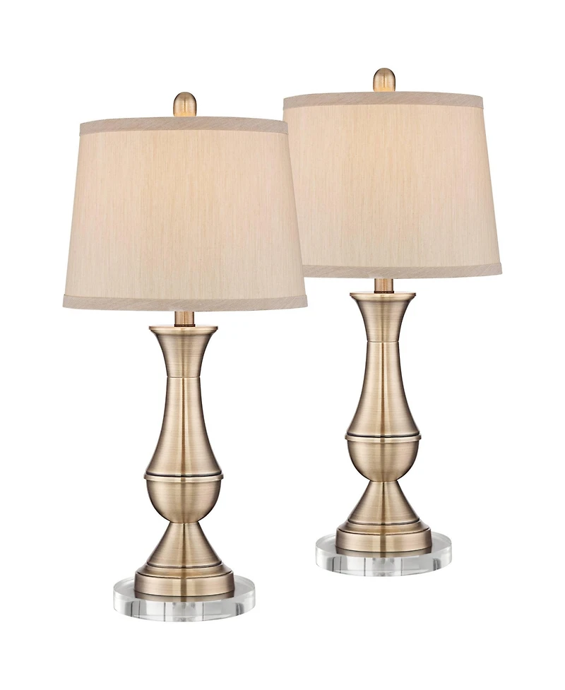 Regency Hill Becky Traditional Table Lamps Set of 2 with Round Risers 25 3/4" High Antique Brass Beige Drum Shade for Bedroom Living Room House Home