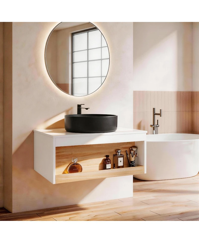 Sillysis Wall Mounted Bathroom Vanity with Vessel Sink, Floating Plywood Cabinet, Open Storage for Small Spaces